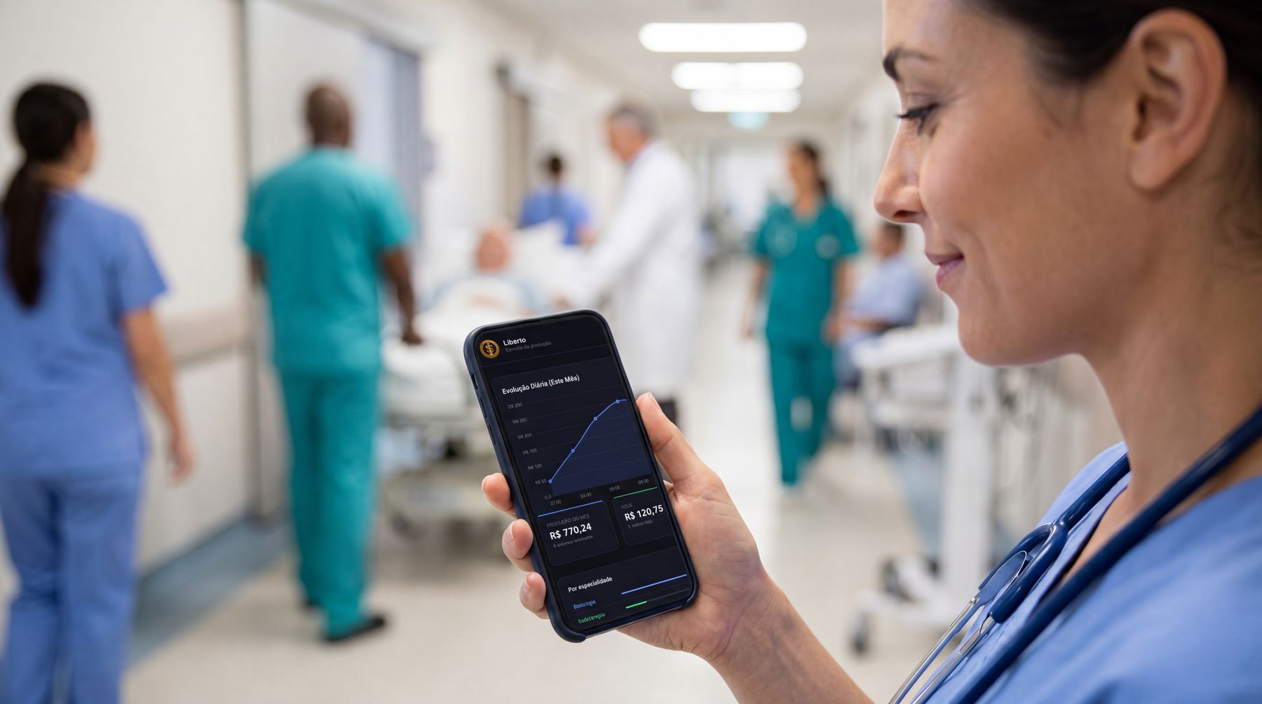 Profissional de saúde conferindo o dashboard do Liberto no celular, no corredor do hospital