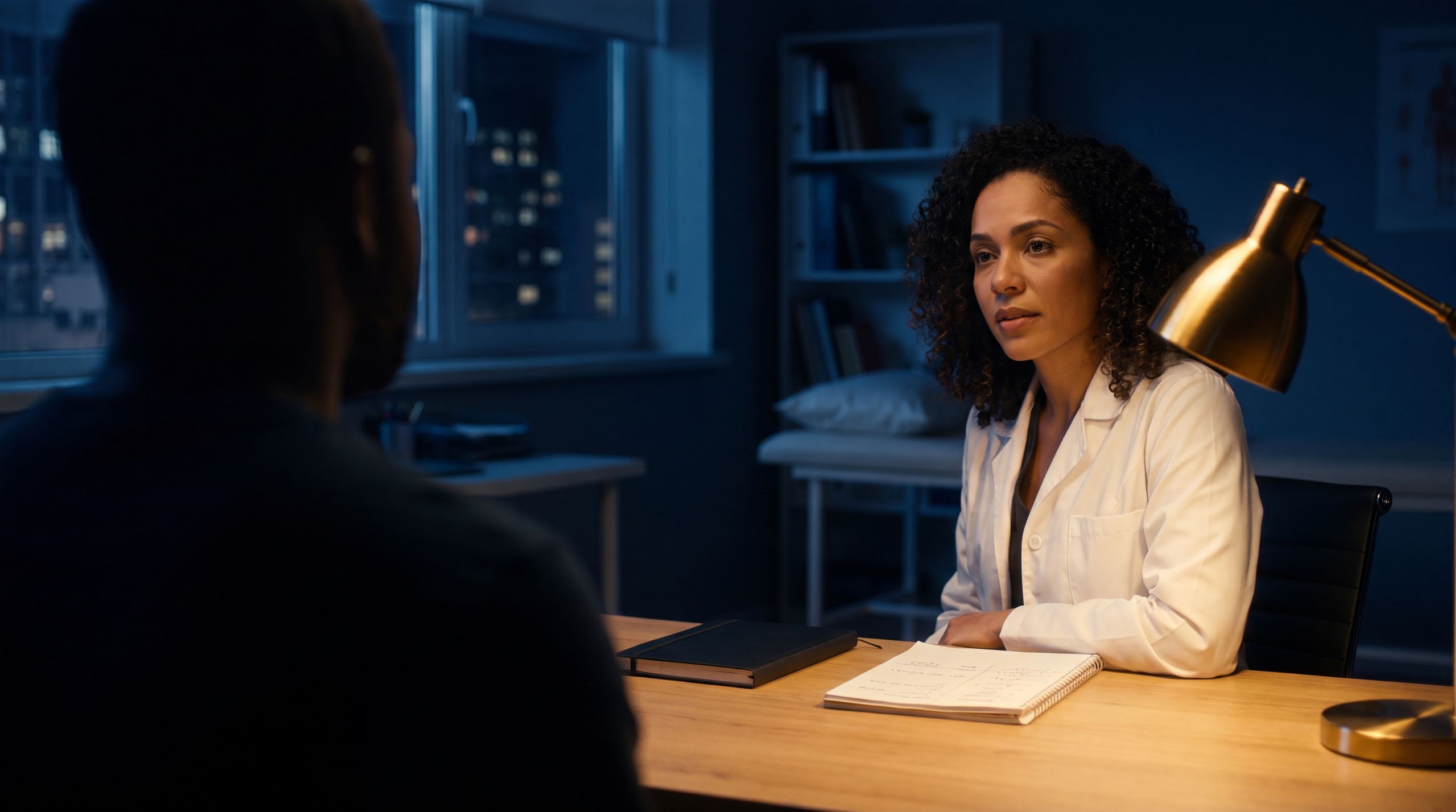 Médica atendendo paciente em consultório à meia-luz